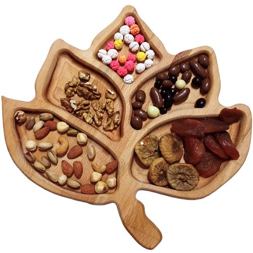 5 gözlü Çınar Yaprağı Desenli Kahvaltılık ve Çerezlik Ağaç Sunum ve Servis Tepsisi